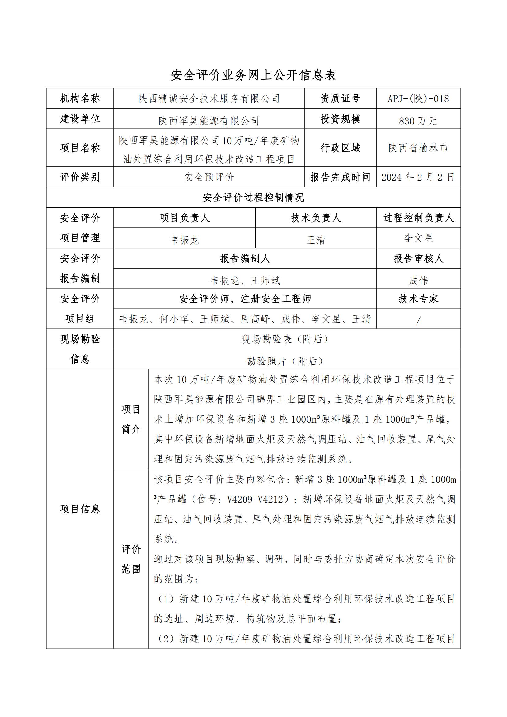 安全評價業(yè)務網上公開信息表--JCAP【2023】034 陜西軍昊能源有限公司10萬噸年廢礦物油處置綜合利用環(huán)保技術改造工程項目安全預評價_00.jpg